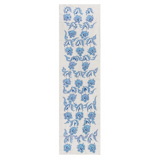 Beige and Blue Suzani Fabric Table Runner. Uzbek Embroidered Silk & Cotton Wall Hanging