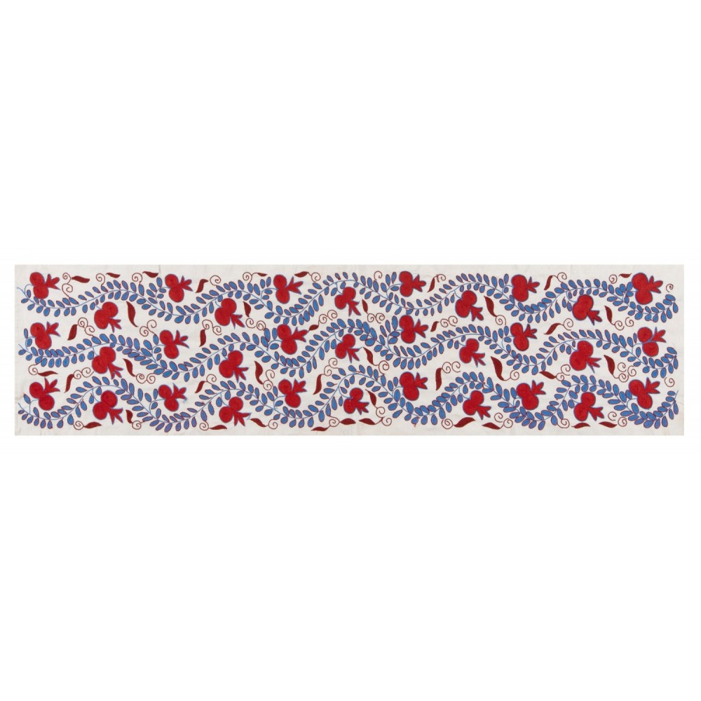 Central Asian Suzani Textile. Embroidered Cotton & Silk Table Runner, Wall Hanging