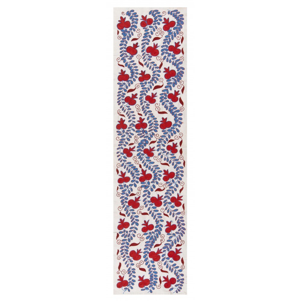 Central Asian Suzani Textile. Embroidered Cotton & Silk Table Runner, Wall Hanging