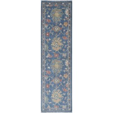 Blue Turkish Wool Runner Rug for Corridor | Floral Kitchen Rug | Artisan Hallway Covering | Oushak Style Runner Rug for Stairs