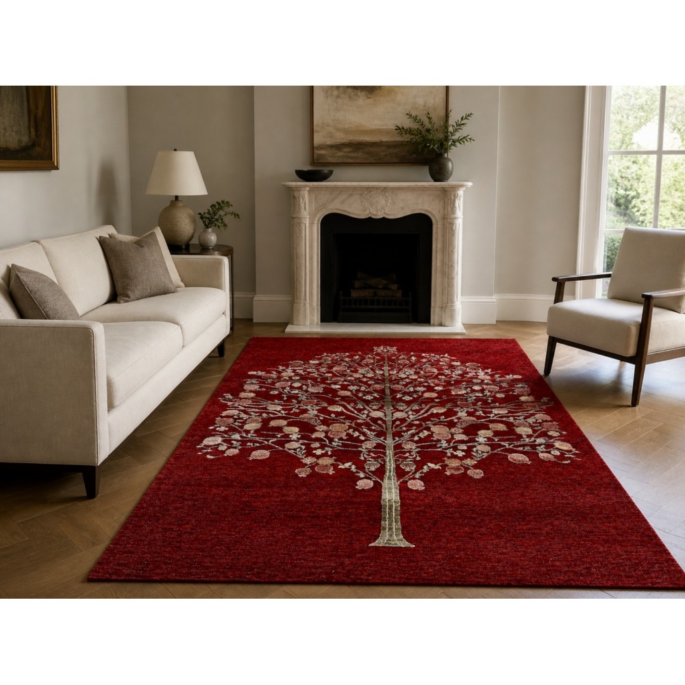 Hand-Knotted Red Area Rug with Botanical Tree Design for Living Room Hand-Knotted Red Area Rug with Botanical Tree Design for Living Room