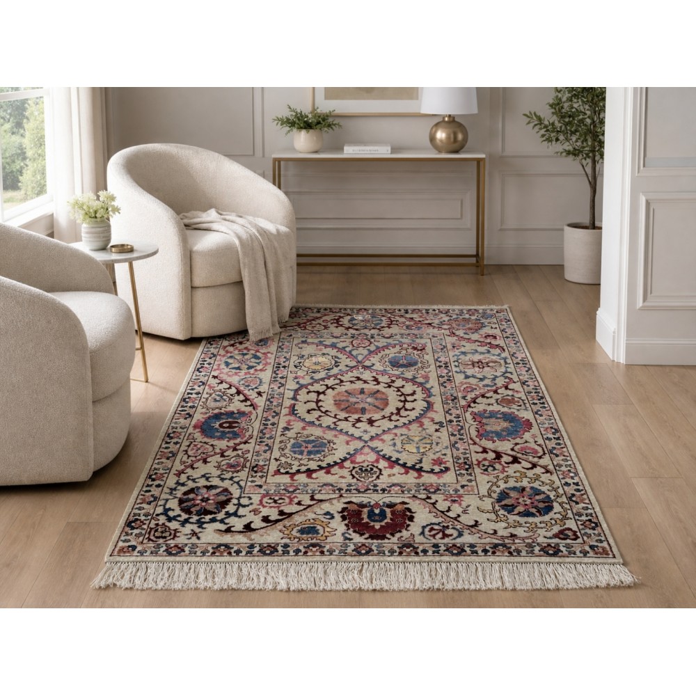 Decorative Handmade Wool and Silk Area Rug, Ivory Floral Vine Tapestry Decorative Handmade Wool and Silk Area Rug, Ivory Floral Vine Tapestry
