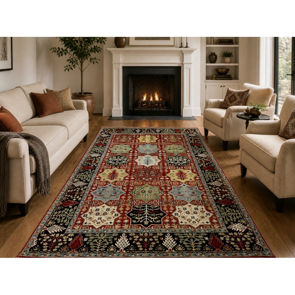 Hand-Knotted Wool Area Rug, Red Geometric Botanical Carpet for Living Room Hand-Knotted Wool Area Rug, Red Geometric Botanical Carpet for Living Room