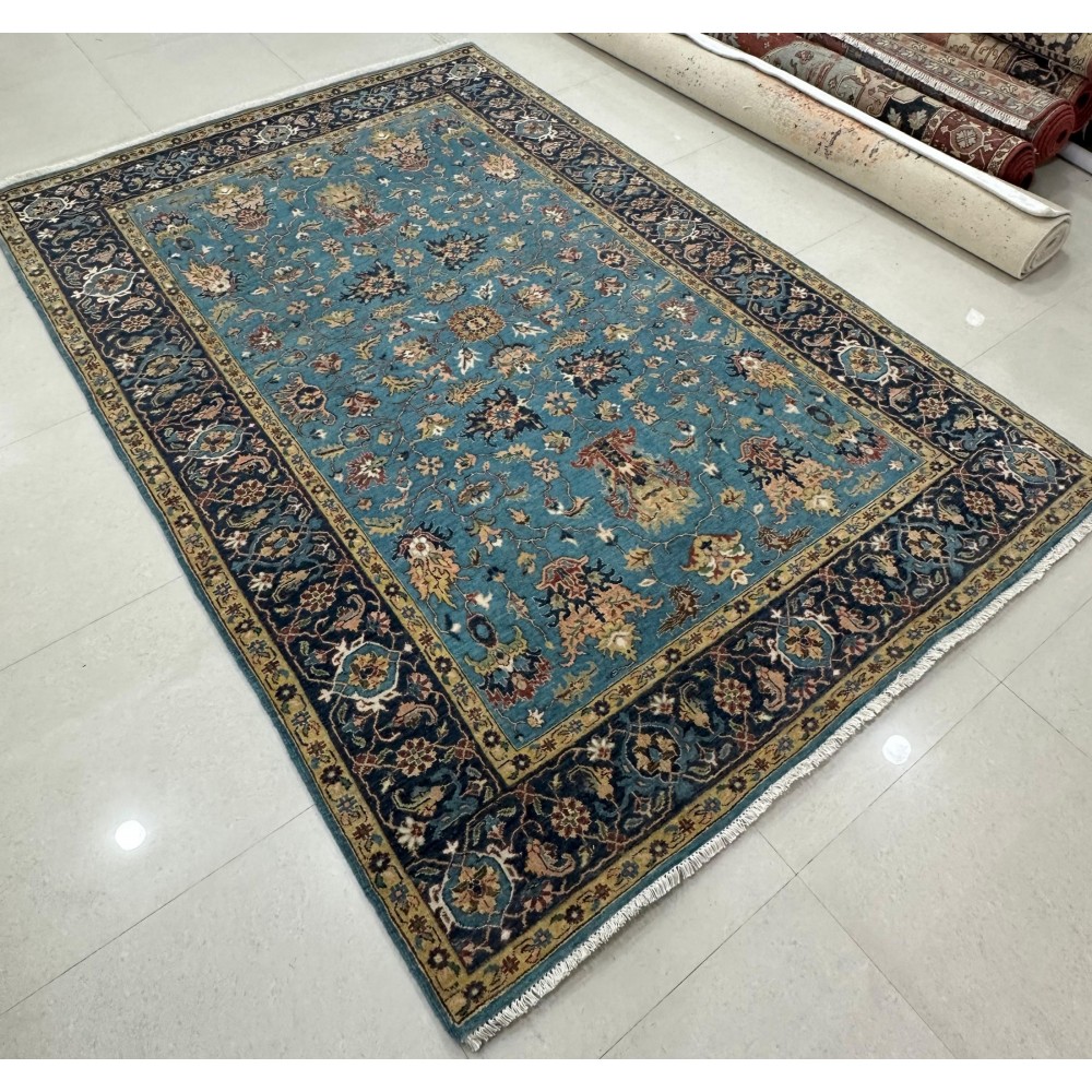 Hand-Knotted Wool Area Rug, Blue Floral Design Carpet for Living Room