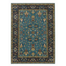 Hand-Knotted Wool Area Rug, Blue Floral Design Carpet for Living Room