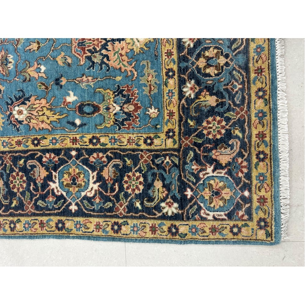 Hand-Knotted Wool Area Rug, Blue Floral Design Carpet for Living Room