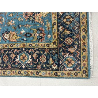Hand-Knotted Wool Area Rug, Blue Floral Design Carpet for Living Room