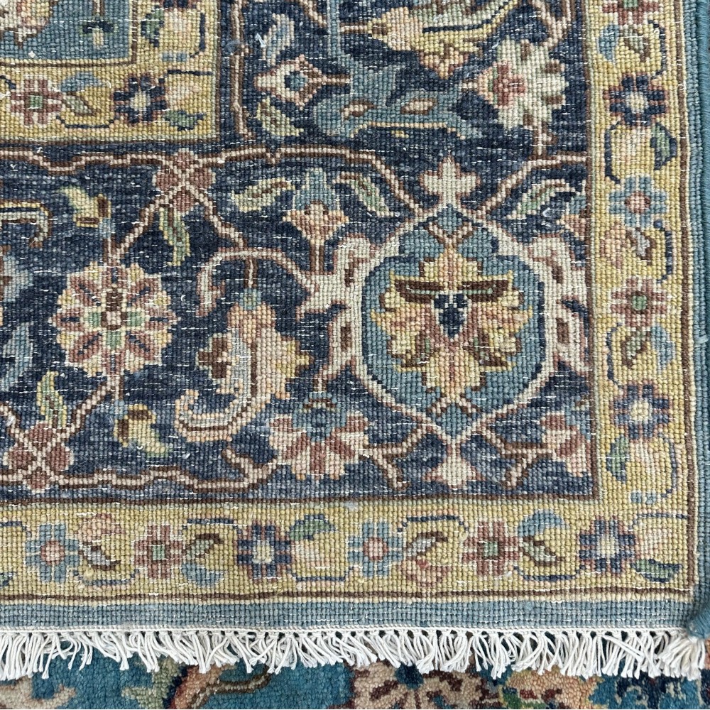 Hand-Knotted Wool Area Rug, Blue Floral Design Carpet for Living Room