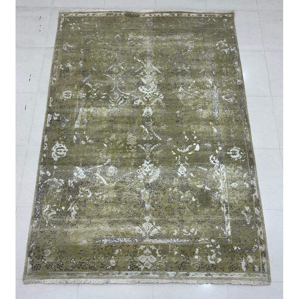 Hand-Knotted Wool and Silk Area Rug, Olive Green Distressed Floral Design Carpet for Living Room
