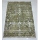 Hand-Knotted Wool and Silk Area Rug, Olive Green Distressed Floral Design Carpet for Living Room