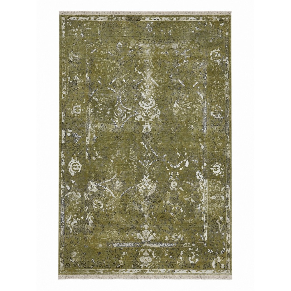 Hand-Knotted Wool and Silk Area Rug, Olive Green Distressed Floral Design Carpet for Living Room