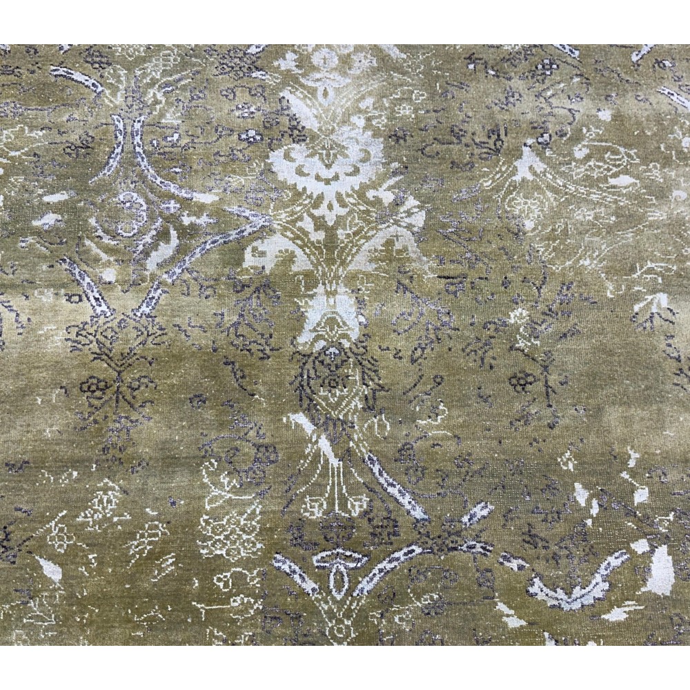 Hand-Knotted Wool and Silk Area Rug, Olive Green Distressed Floral Design Carpet for Living Room