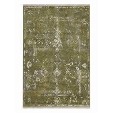 Hand-Knotted Wool and Silk Area Rug, Olive Green Distressed Floral Design Carpet for Living Room
