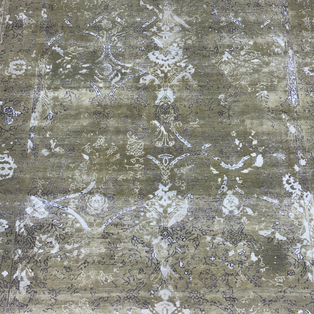 Hand-Knotted Wool and Silk Area Rug, Olive Green Distressed Floral Design Carpet for Living Room