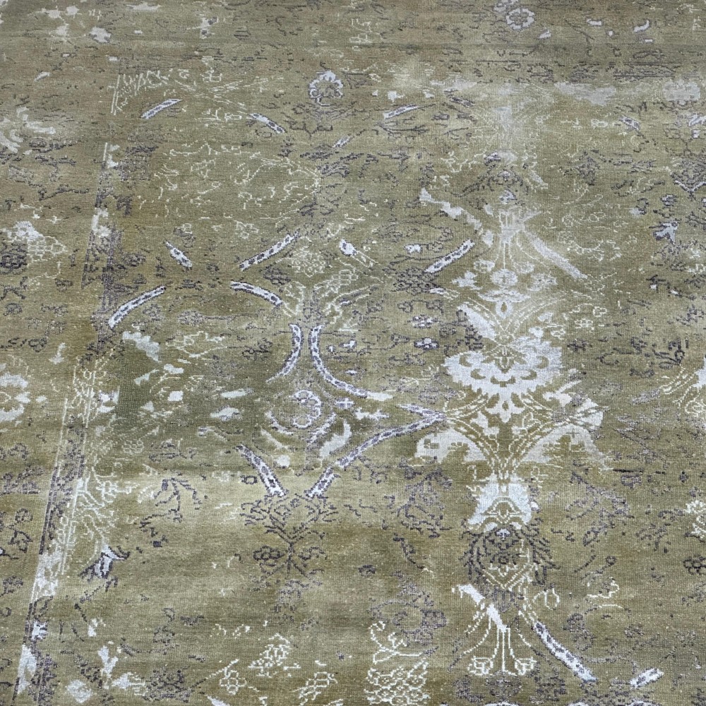 Hand-Knotted Wool and Silk Area Rug, Olive Green Distressed Floral Design Carpet for Living Room