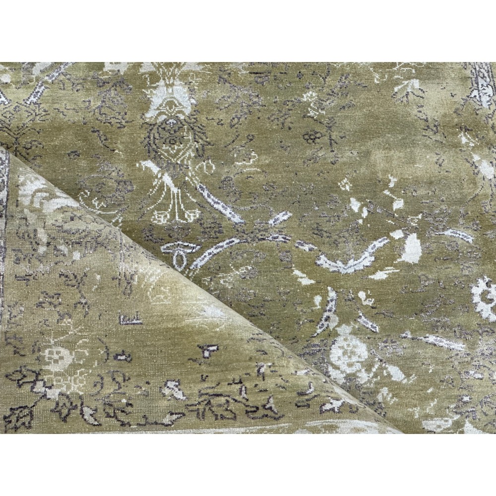 Hand-Knotted Wool and Silk Area Rug, Olive Green Distressed Floral Design Carpet for Living Room