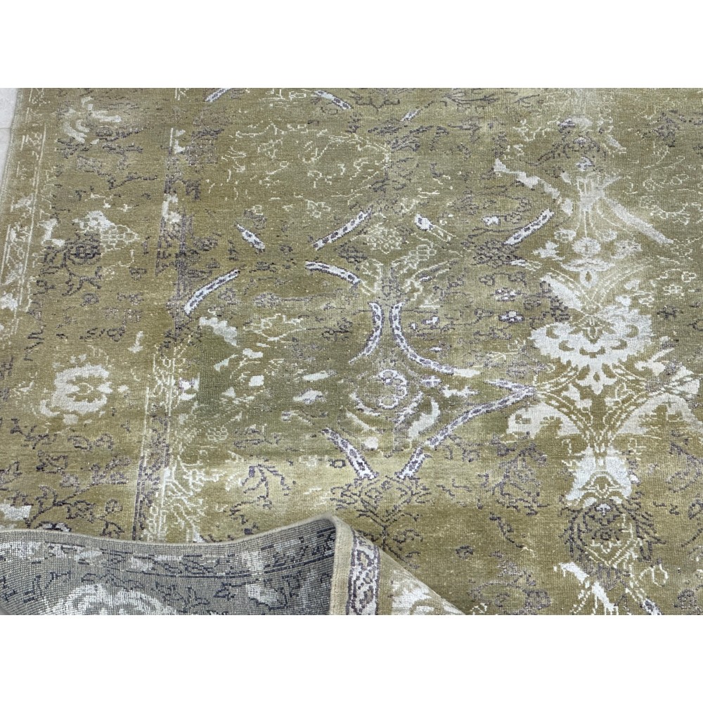 Hand-Knotted Wool and Silk Area Rug, Olive Green Distressed Floral Design Carpet for Living Room