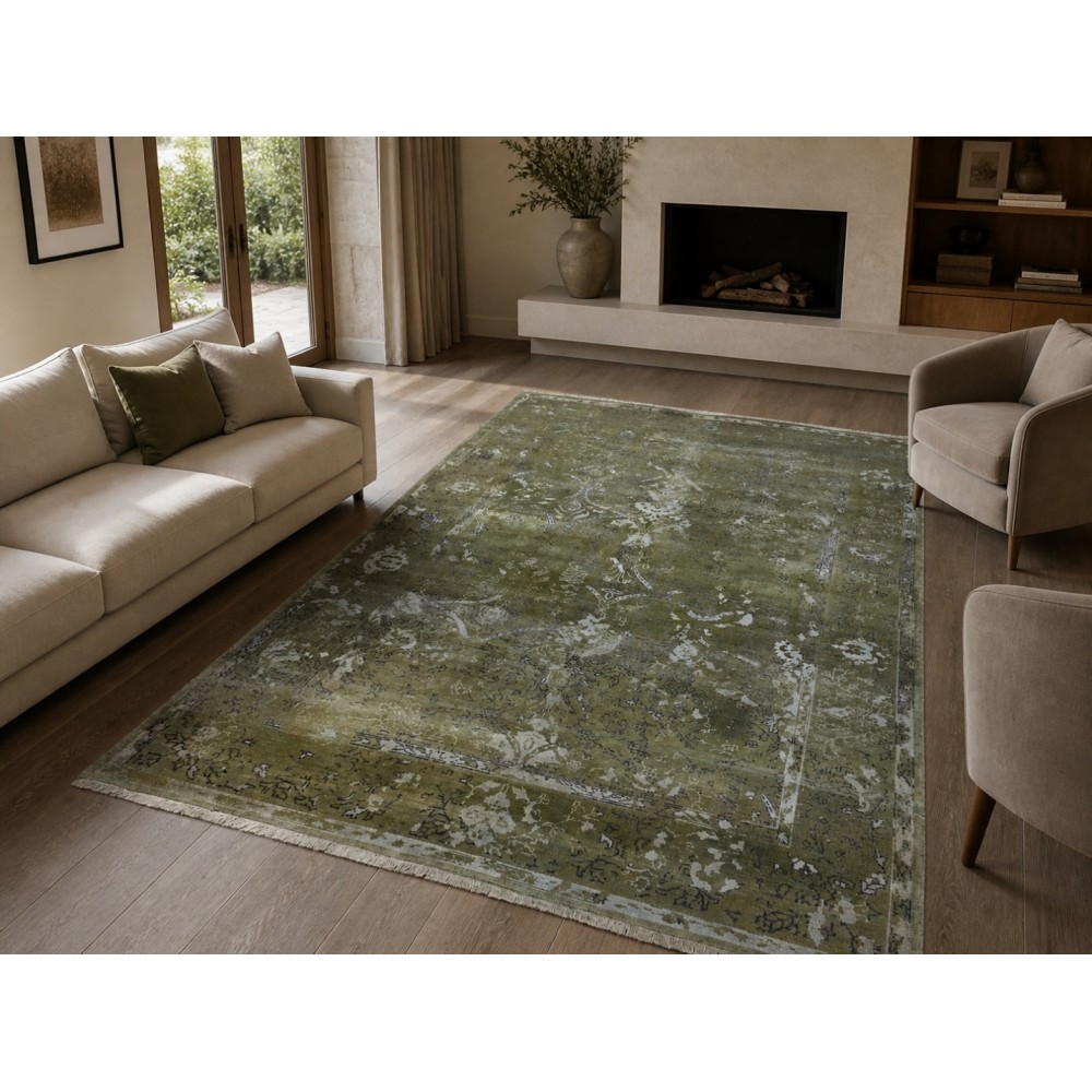 Hand-Knotted Wool and Silk Area Rug, Olive Green Distressed Floral Design Carpet for Living Room