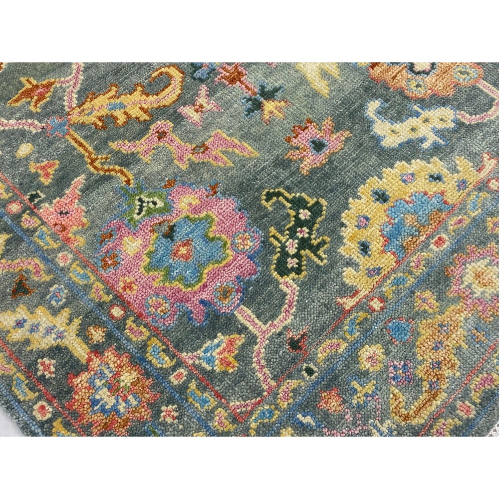 Hand-Knotted Oushak Wool Area Rug for Living Room, Green Floral Design Modern Carpet Hand-Knotted Oushak Wool Area Rug for Living Room, Green Floral Design Modern Carpet