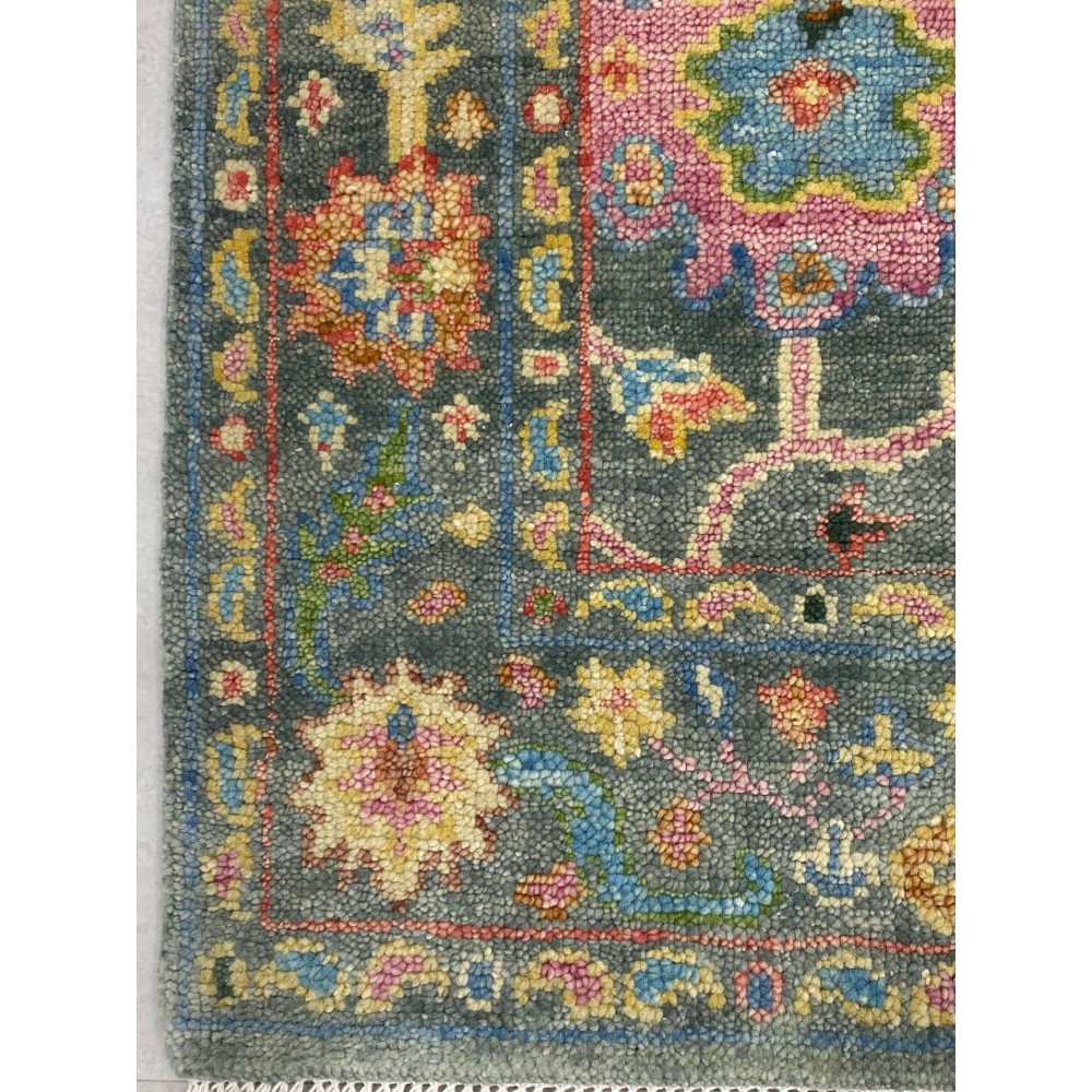 Hand-Knotted Oushak Wool Area Rug for Living Room, Green Floral Design Modern Carpet Hand-Knotted Oushak Wool Area Rug for Living Room, Green Floral Design Modern Carpet