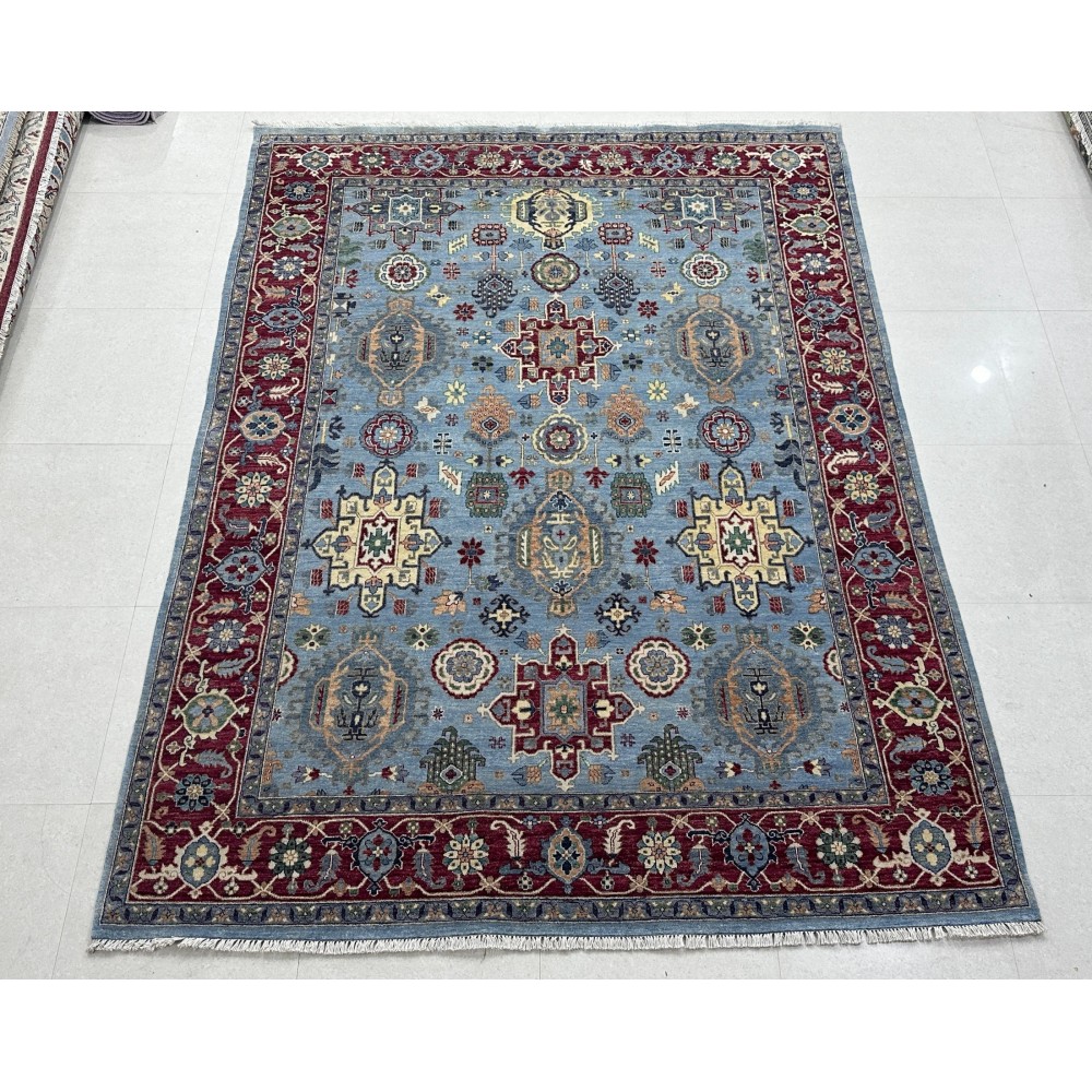 Hand-Knotted Wool Area Rug, Modern Floral Design Blue Carpet for Living Room