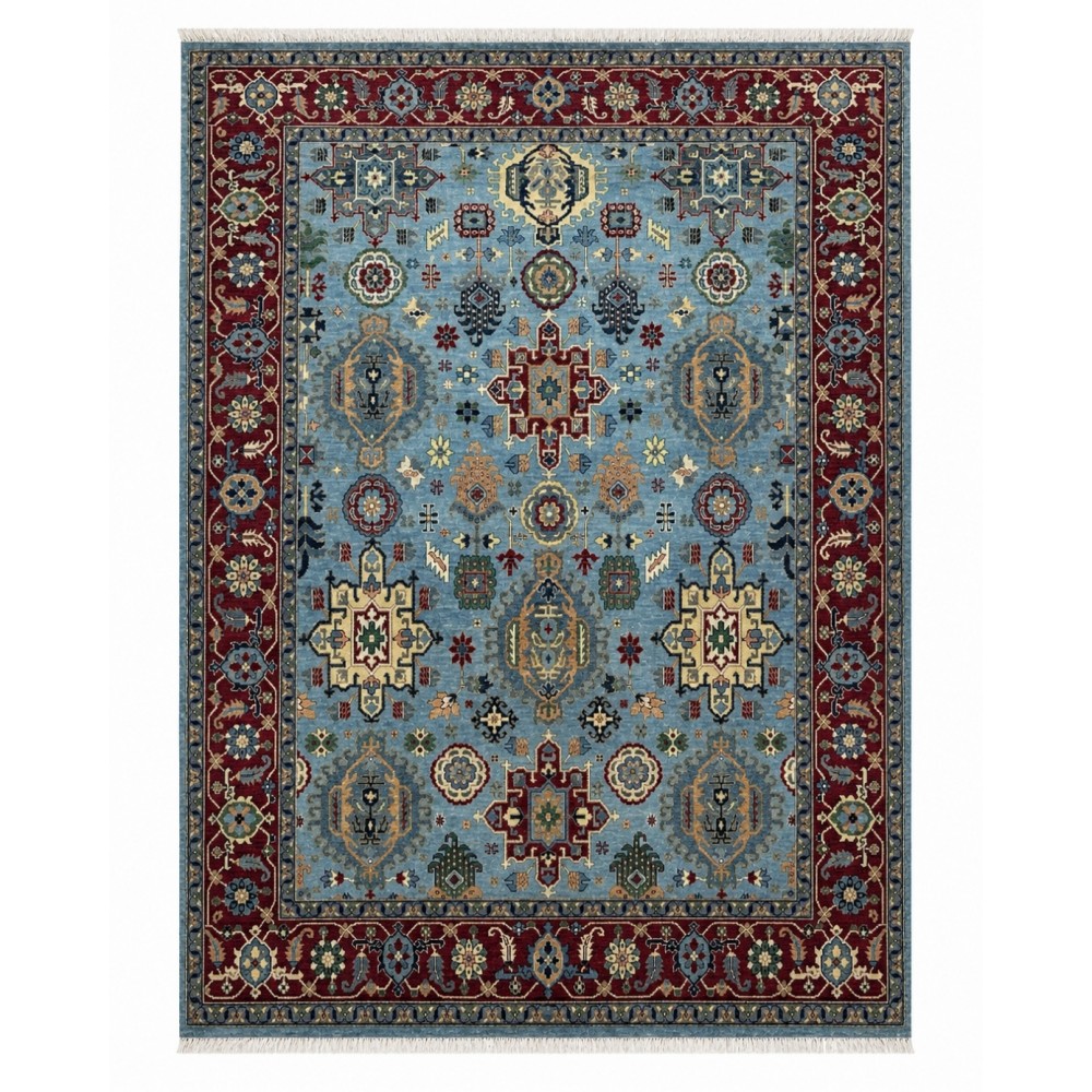 Hand-Knotted Wool Area Rug, Modern Floral Design Blue Carpet for Living Room