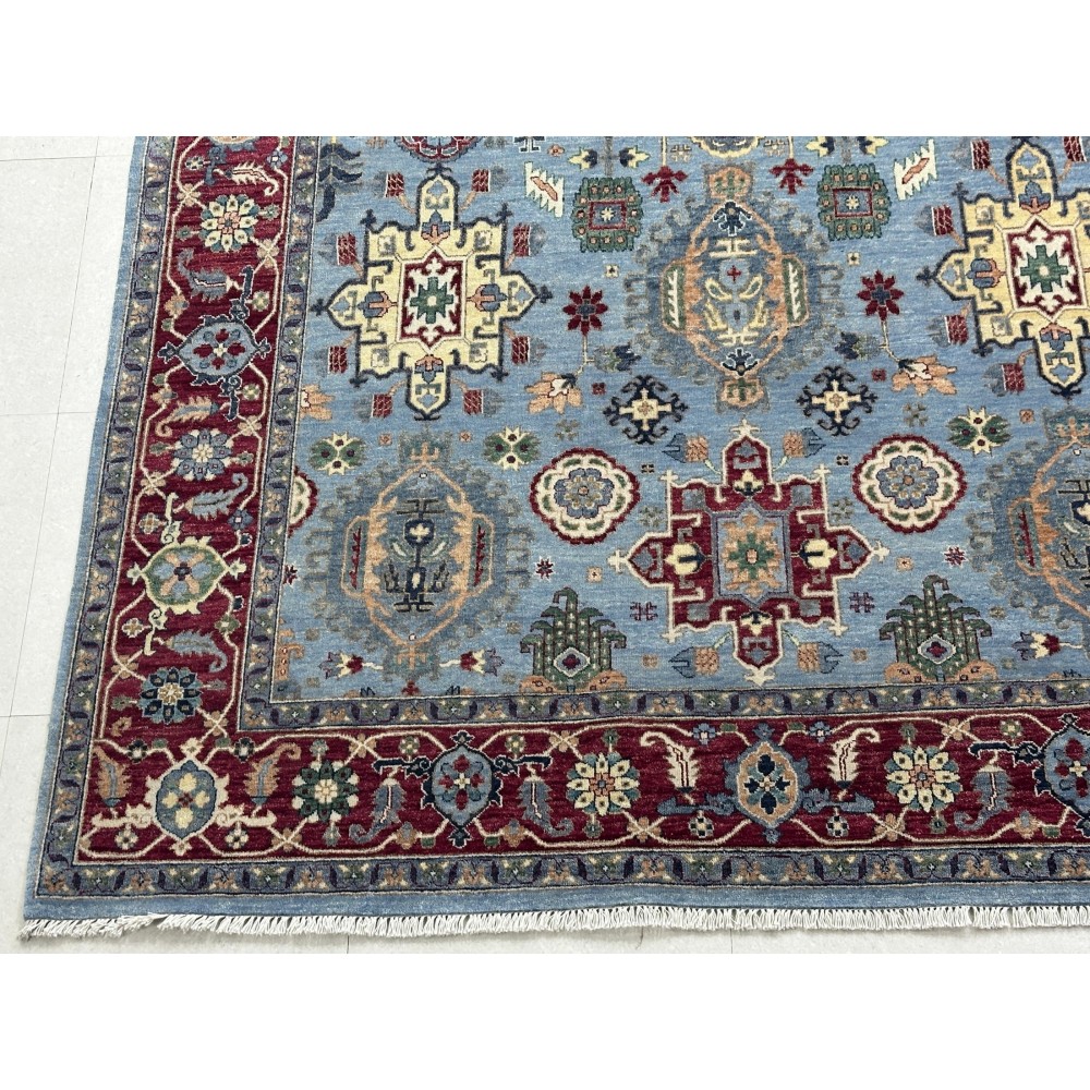 Hand-Knotted Wool Area Rug, Modern Floral Design Blue Carpet for Living Room