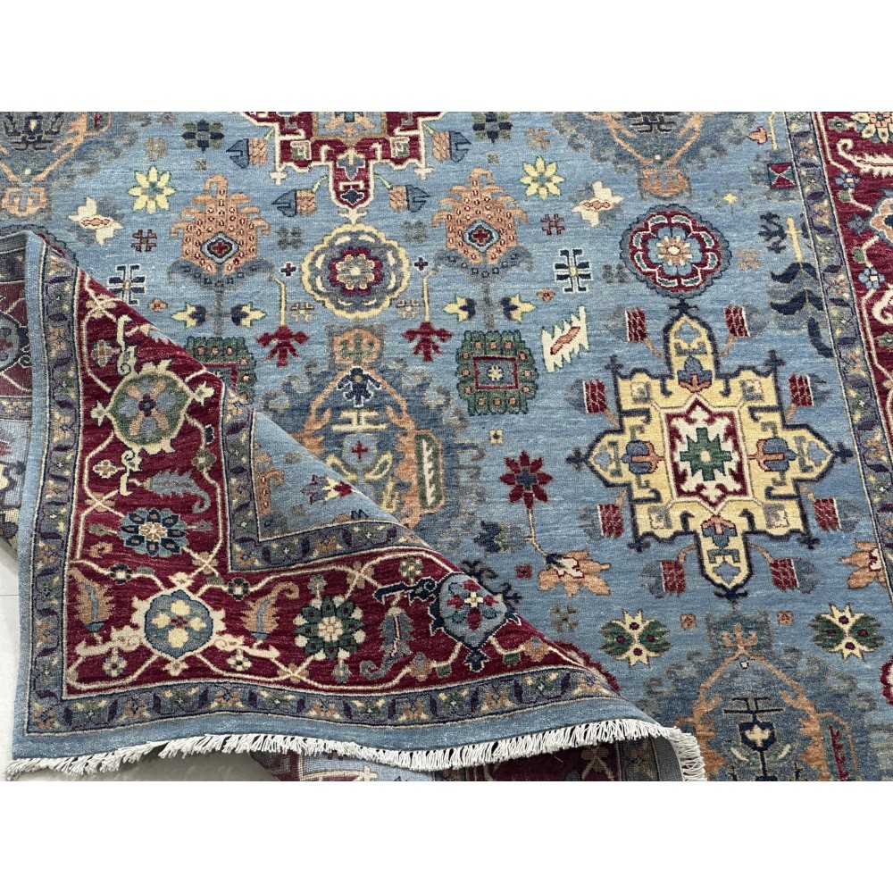 Hand-Knotted Wool Area Rug, Modern Floral Design Blue Carpet for Living Room