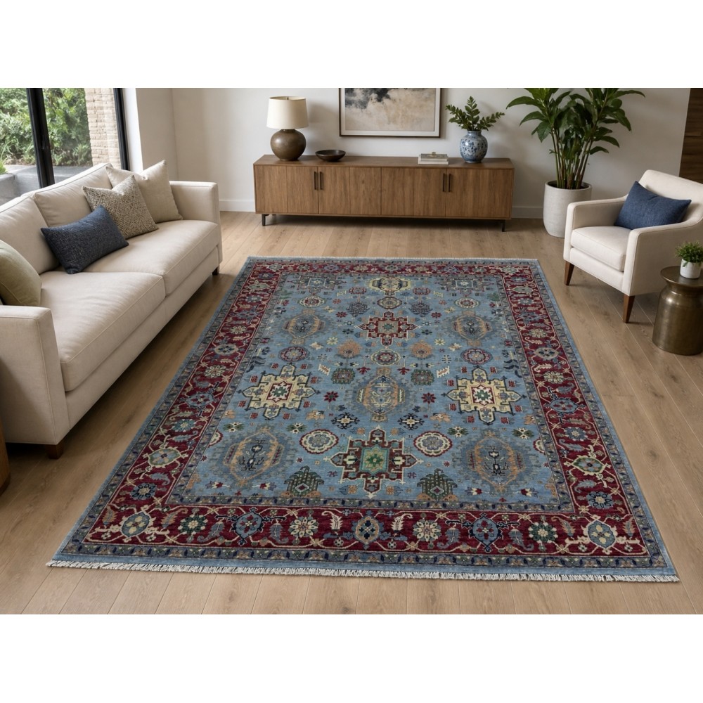 Hand-Knotted Wool Area Rug, Modern Floral Design Blue Carpet for Living Room
