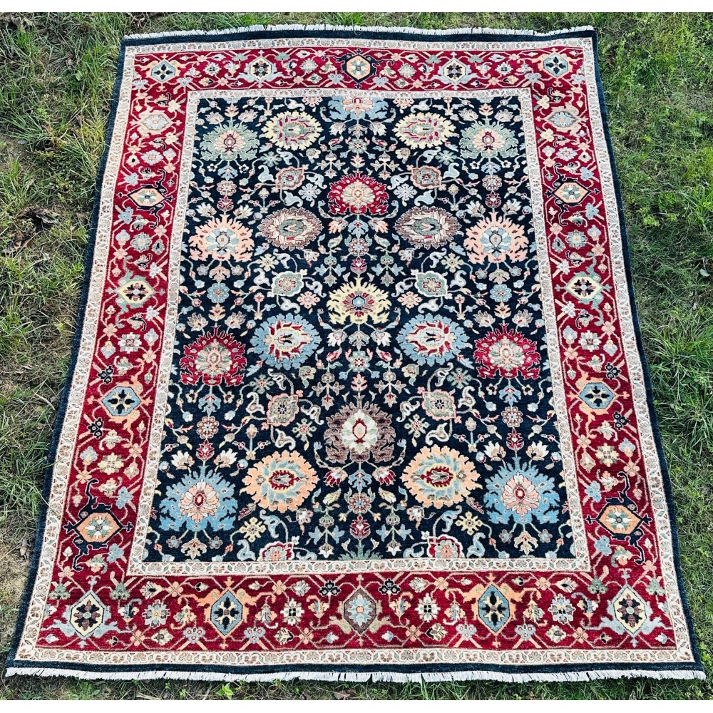 Handmade Wool Area Rug, Navy and Red Floral Pattern Carpet for Living Room
