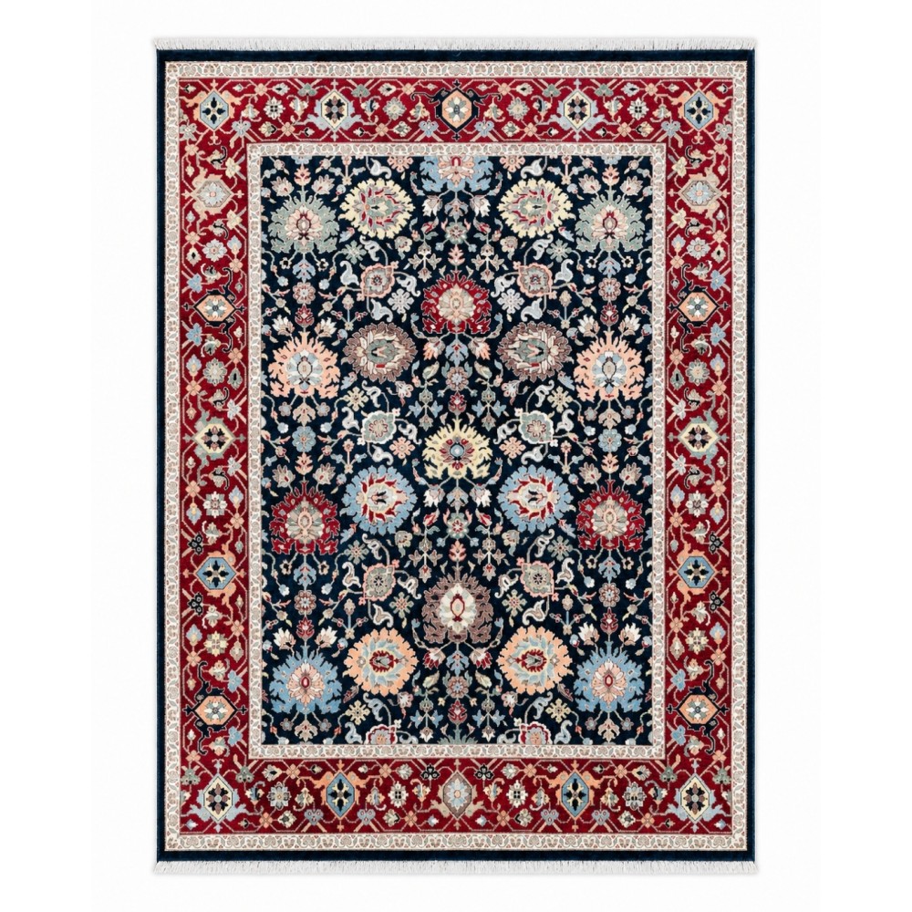 Handmade Wool Area Rug, Navy and Red Floral Pattern Carpet for Living Room