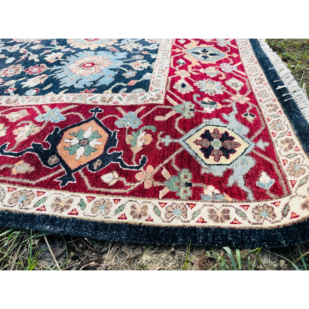 Handmade Wool Area Rug, Navy and Red Floral Pattern Carpet for Living Room