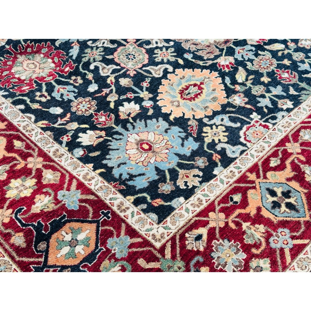 Handmade Wool Area Rug, Navy and Red Floral Pattern Carpet for Living Room