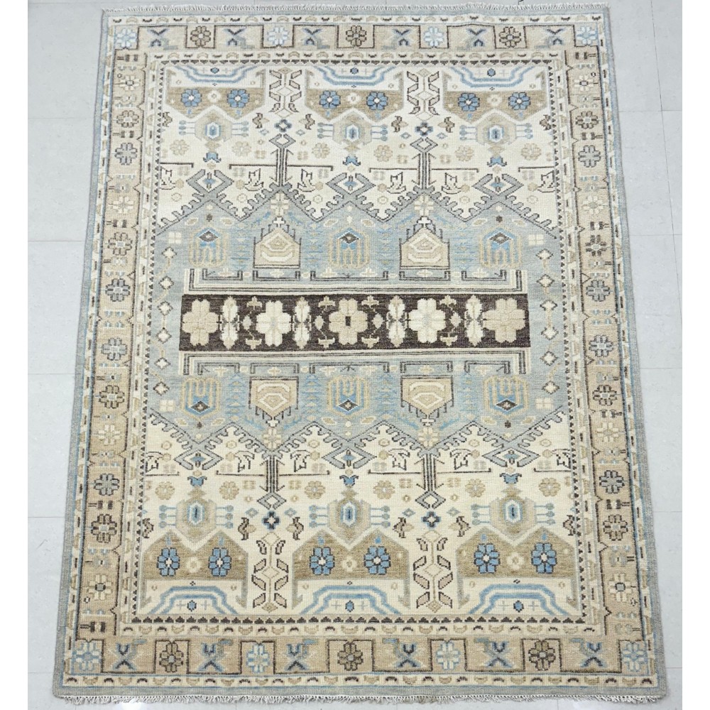 Hand-Knotted Wool Area Rug for Living Room, Decorative Oushak Blue and Ivory Floral Design Carpet Hand-Knotted Wool Area Rug for Living Room, Decorative Oushak Blue and Ivory Floral Design Carpet