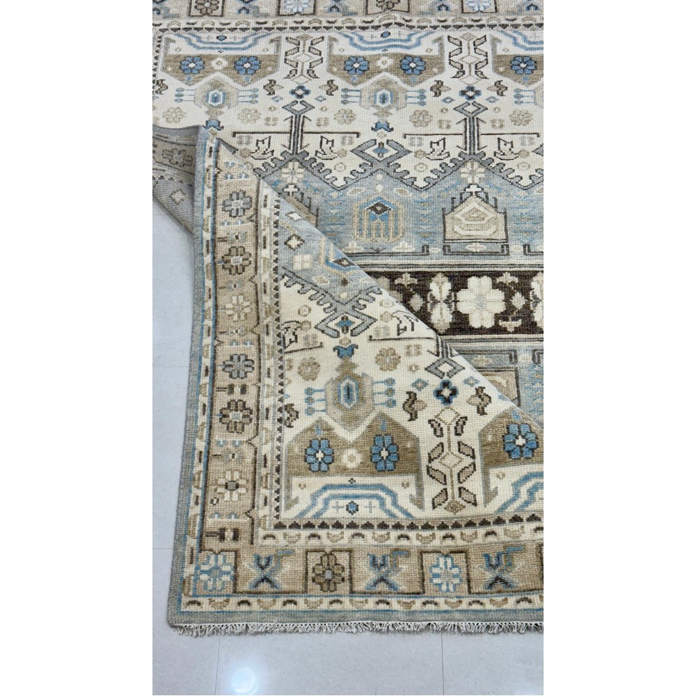 Hand-Knotted Wool Area Rug for Living Room, Decorative Oushak Blue and Ivory Floral Design Carpet Hand-Knotted Wool Area Rug for Living Room, Decorative Oushak Blue and Ivory Floral Design Carpet