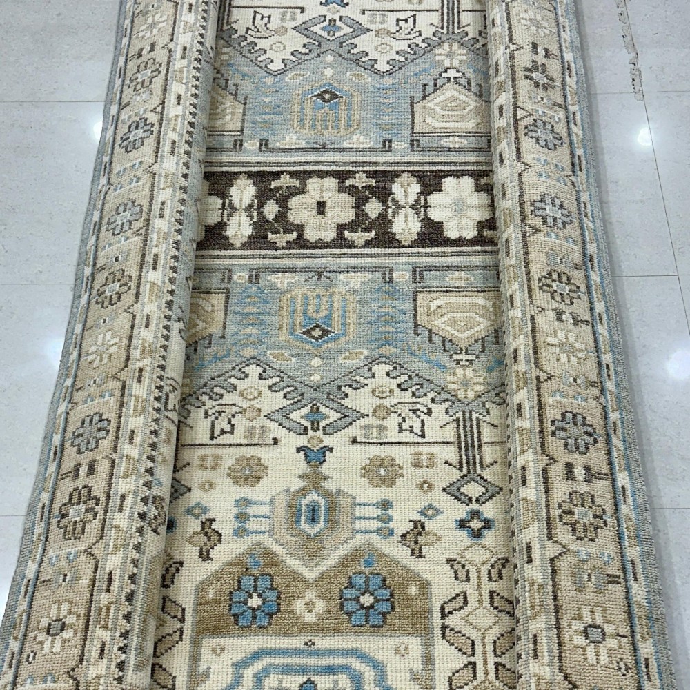 Hand-Knotted Wool Area Rug for Living Room, Decorative Oushak Blue and Ivory Floral Design Carpet Hand-Knotted Wool Area Rug for Living Room, Decorative Oushak Blue and Ivory Floral Design Carpet