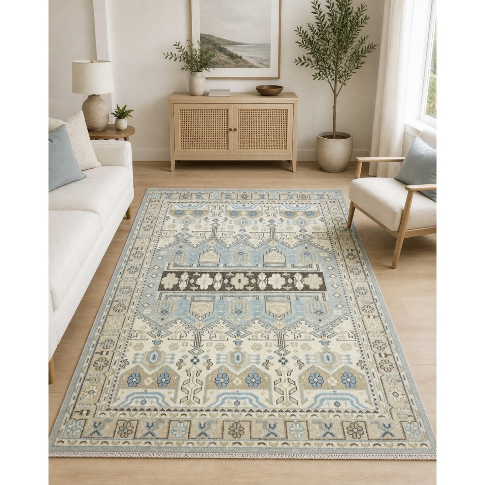 Hand-Knotted Wool Area Rug for Living Room, Decorative Oushak Blue and Ivory Floral Design Carpet Hand-Knotted Wool Area Rug for Living Room, Decorative Oushak Blue and Ivory Floral Design Carpet