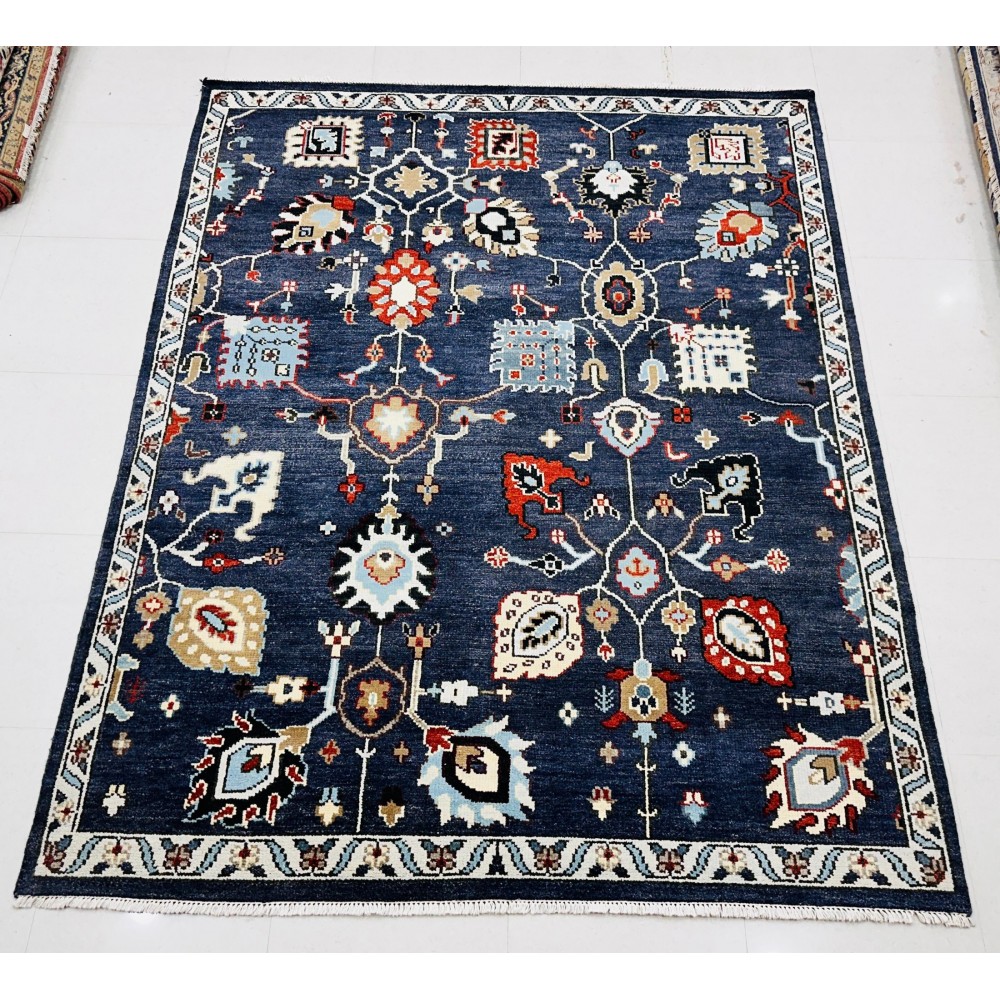 Hand-Knotted Wool Area Rug for Living Room, Decorative Oushak Navy Blue Floral Design Carpet Hand-Knotted Wool Area Rug for Living Room, Decorative Oushak Navy Blue Floral Design Carpet