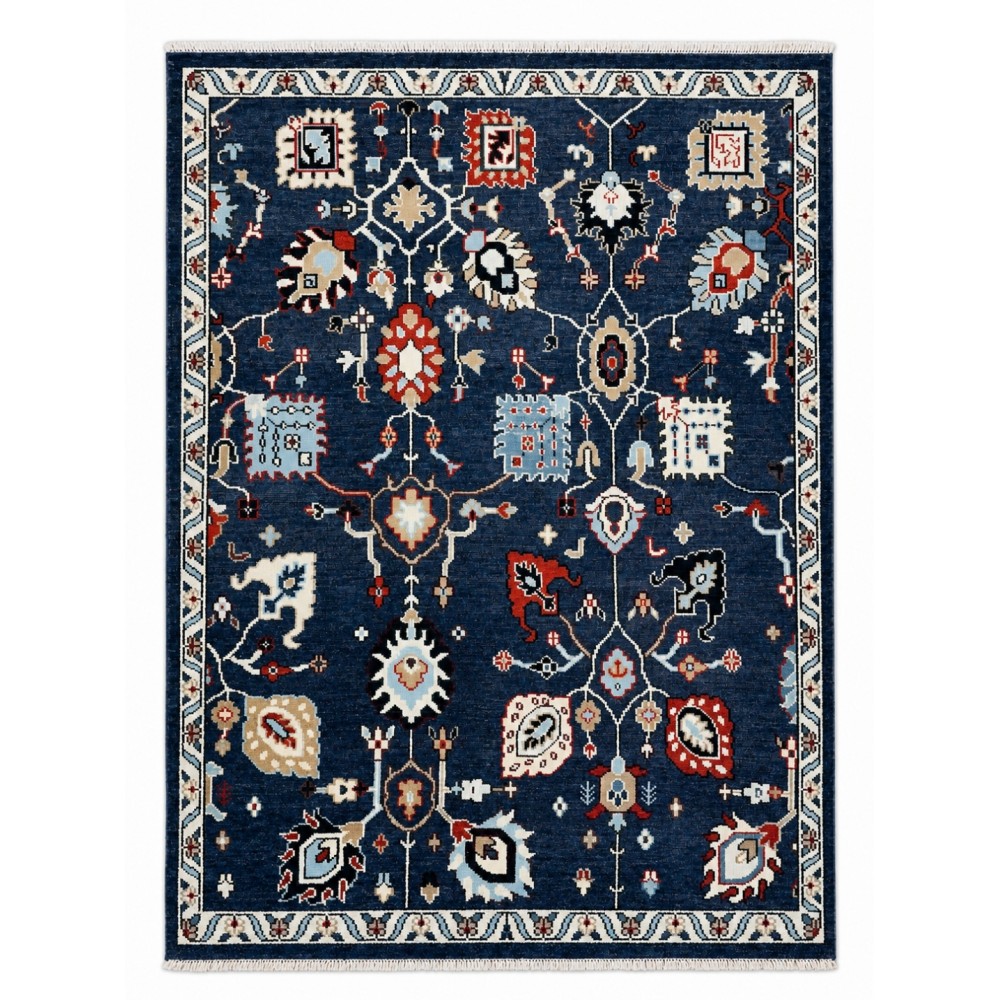 Hand-Knotted Wool Area Rug for Living Room, Decorative Oushak Navy Blue Floral Design Carpet Hand-Knotted Wool Area Rug for Living Room, Decorative Oushak Navy Blue Floral Design Carpet