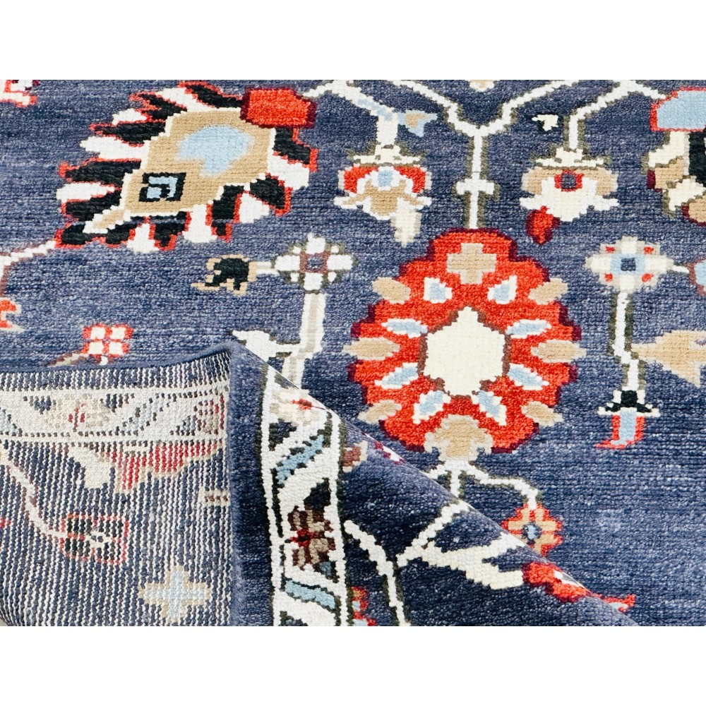 Hand-Knotted Wool Area Rug for Living Room, Decorative Oushak Navy Blue Floral Design Carpet Hand-Knotted Wool Area Rug for Living Room, Decorative Oushak Navy Blue Floral Design Carpet