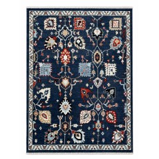 Hand-Knotted Wool Area Rug for Living Room, Decorative Oushak Navy Blue Floral Design Carpet