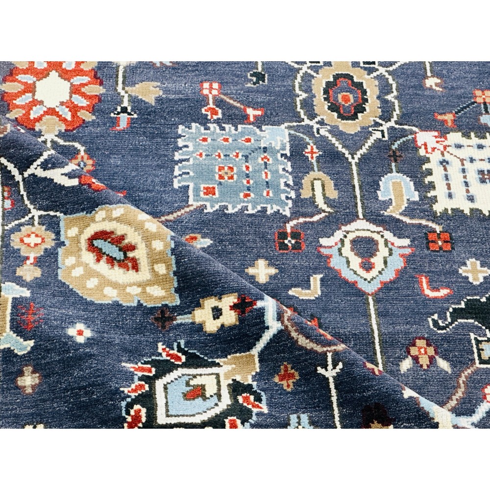 Hand-Knotted Wool Area Rug for Living Room, Decorative Oushak Navy Blue Floral Design Carpet Hand-Knotted Wool Area Rug for Living Room, Decorative Oushak Navy Blue Floral Design Carpet