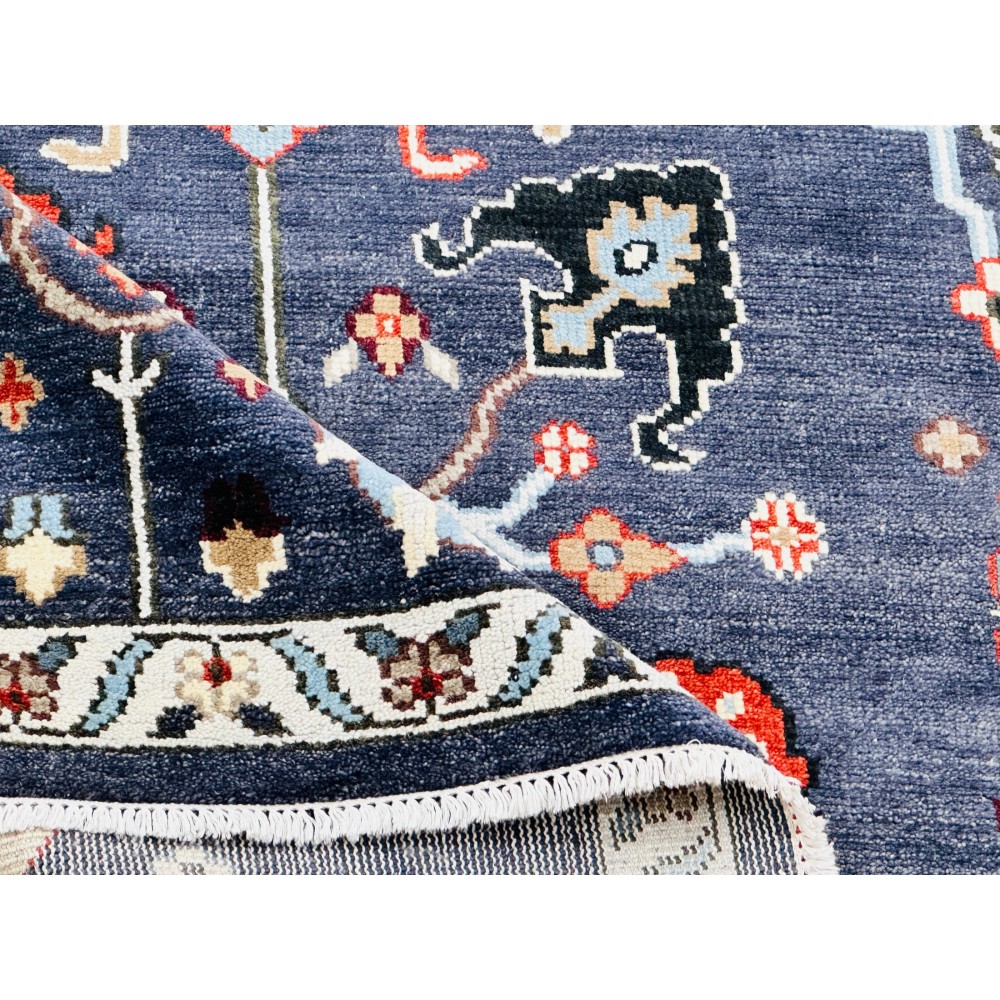 Hand-Knotted Wool Area Rug for Living Room, Decorative Oushak Navy Blue Floral Design Carpet Hand-Knotted Wool Area Rug for Living Room, Decorative Oushak Navy Blue Floral Design Carpet