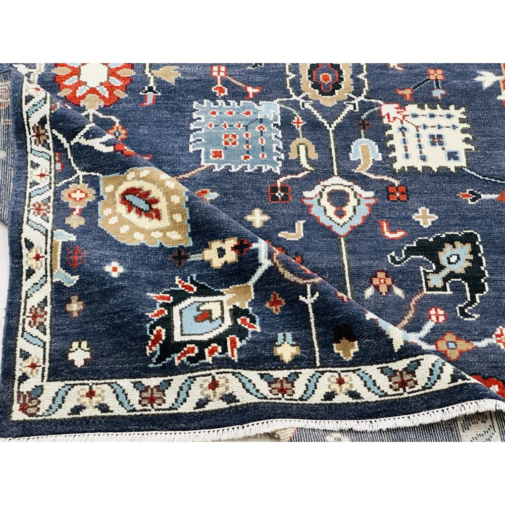 Hand-Knotted Wool Area Rug for Living Room, Decorative Oushak Navy Blue Floral Design Carpet Hand-Knotted Wool Area Rug for Living Room, Decorative Oushak Navy Blue Floral Design Carpet