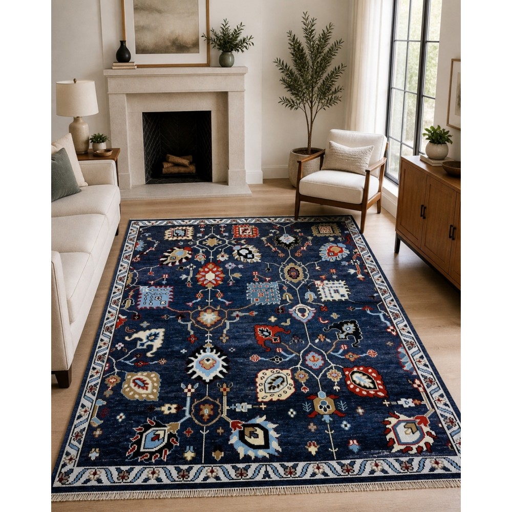 Hand-Knotted Wool Area Rug for Living Room, Decorative Oushak Navy Blue Floral Design Carpet Hand-Knotted Wool Area Rug for Living Room, Decorative Oushak Navy Blue Floral Design Carpet