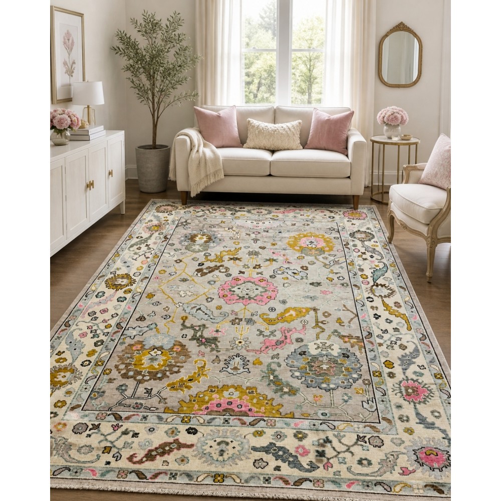 Hand-Knotted Oushak Area Rug for Living Room, Ivory Floral Design Wool Carpet Hand-Knotted Oushak Area Rug for Living Room, Ivory Floral Design Wool Carpet