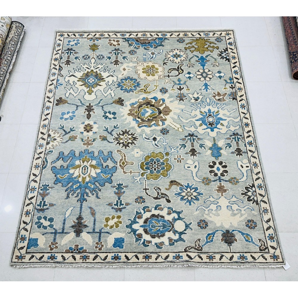 Handmade Oushak Wool Area Rug for Living Room, Handknotted Blue Floral Design Carpet