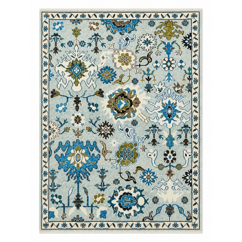 Handmade Oushak Wool Area Rug for Living Room, Handknotted Blue Floral Design Carpet