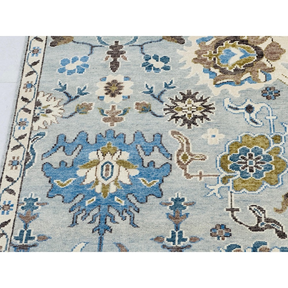 Handmade Oushak Wool Area Rug for Living Room, Handknotted Blue Floral Design Carpet