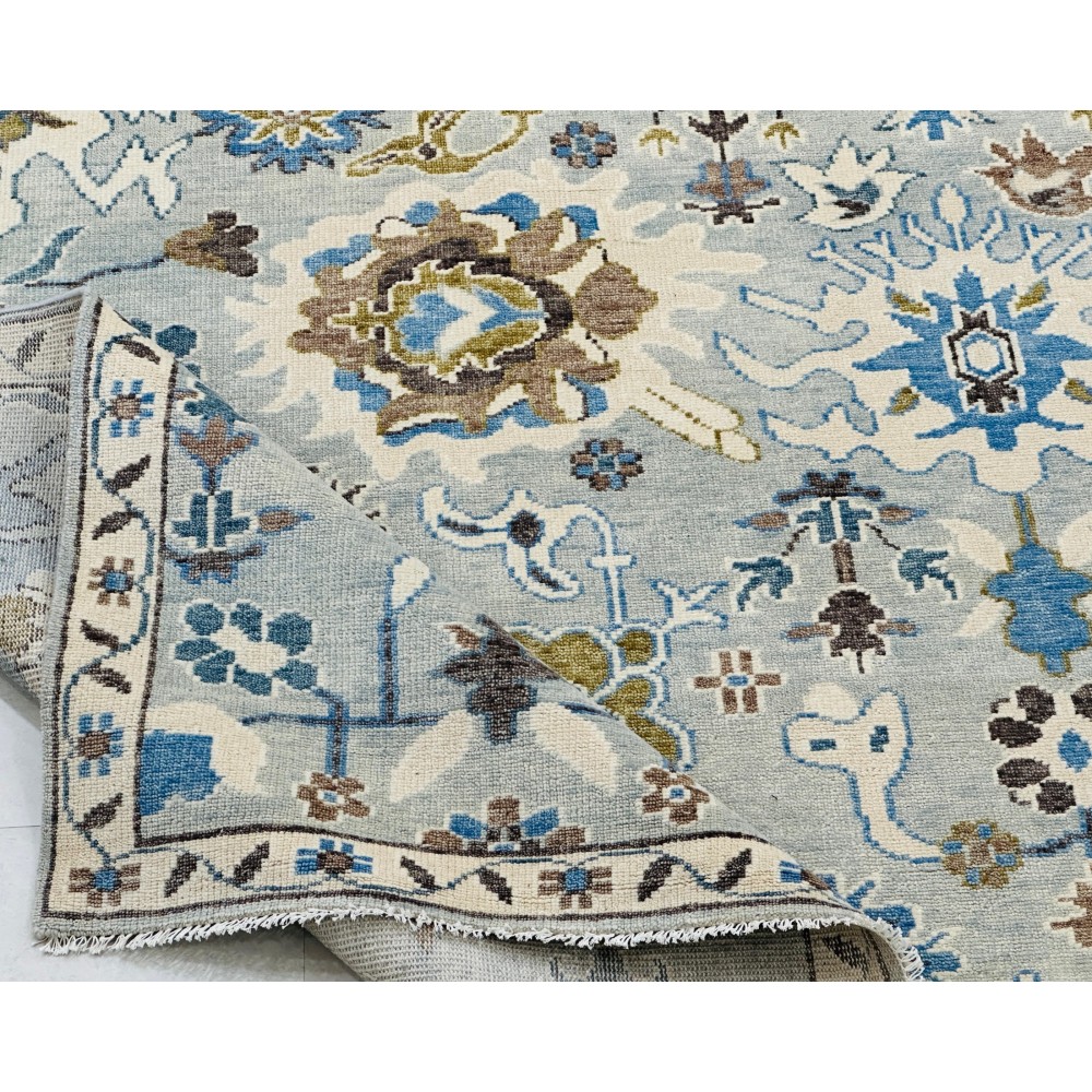 Handmade Oushak Wool Area Rug for Living Room, Handknotted Blue Floral Design Carpet